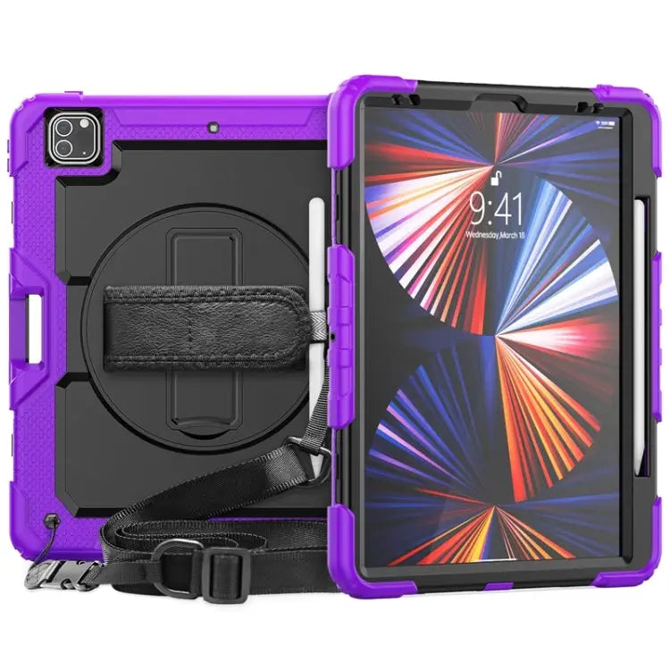 Shockproof Colorful Silicone + PC Protective Case with Holder & Shoulder Strap & Hand Strap & Pen Slot For iPad Pro