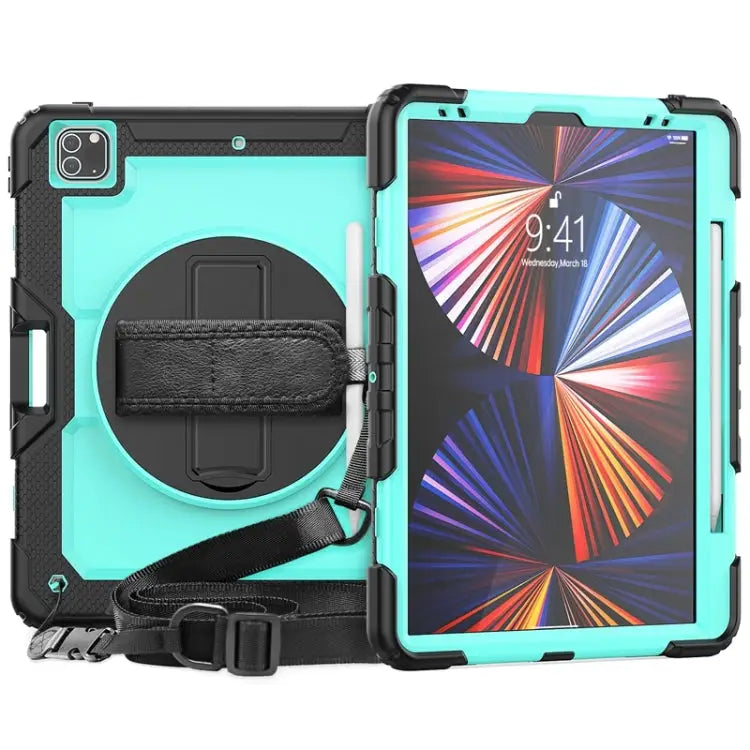 Shockproof Colorful Silicone + PC Protective Case with Holder & Shoulder Strap & Hand Strap & Pen Slot For iPad Pro