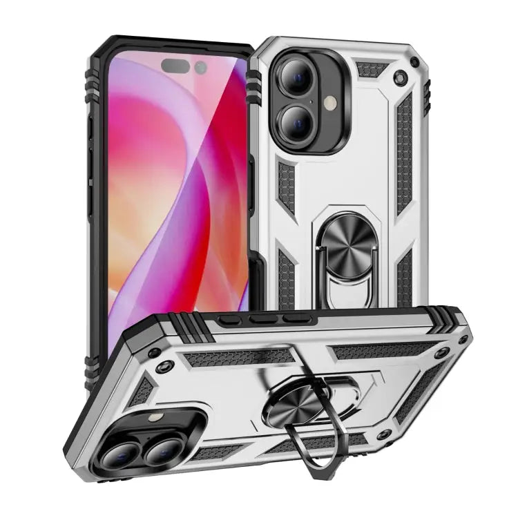 Shockproof TPU Hybrid PC Phone Case with Holder For iPhone 16 - For iPhone 16 / Silver - Apple Accessories