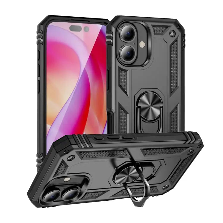 Shockproof TPU Hybrid PC Phone Case with Holder For iPhone 16 - For iPhone 16 / Black - Apple Accessories