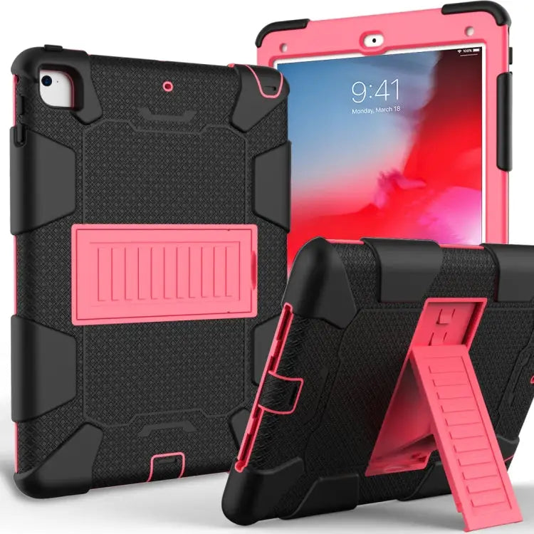 Shockproof Two-color silicone Protection Shell for iPad 9.7(2018) & 9.7(2017) & Air 2 with Holder - Black + Red