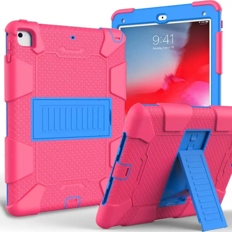 Shockproof Two-color silicone Protection Shell for iPad 9.7(2018) & 9.7(2017) & Air 2 with Holder - Rose Red + Blue