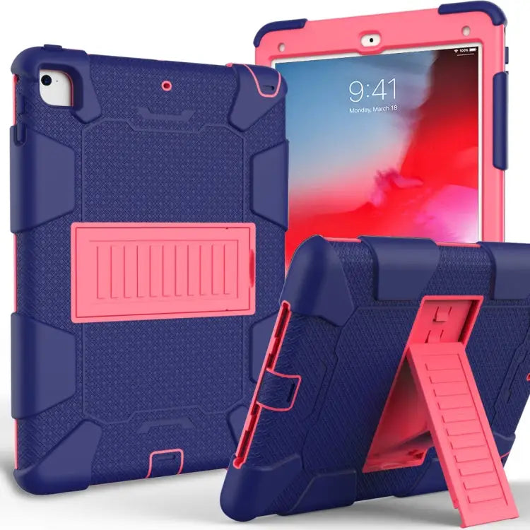 Shockproof Two-color silicone Protection Shell for iPad 9.7(2018) & 9.7(2017) & Air 2 with Holder - Navy Blue + Rose Red