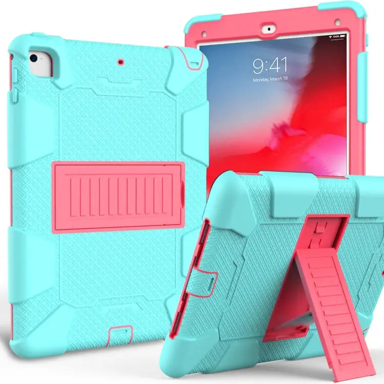 Shockproof Two-color silicone Protection Shell for iPad 9.7(2018) & 9.7(2017) & Air 2 with Holder - Mint Green + Rose