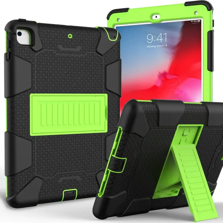 Shockproof Two-color silicone Protection Shell for iPad 9.7(2018) & 9.7(2017) & Air 2 with Holder - Black + Yellow-green
