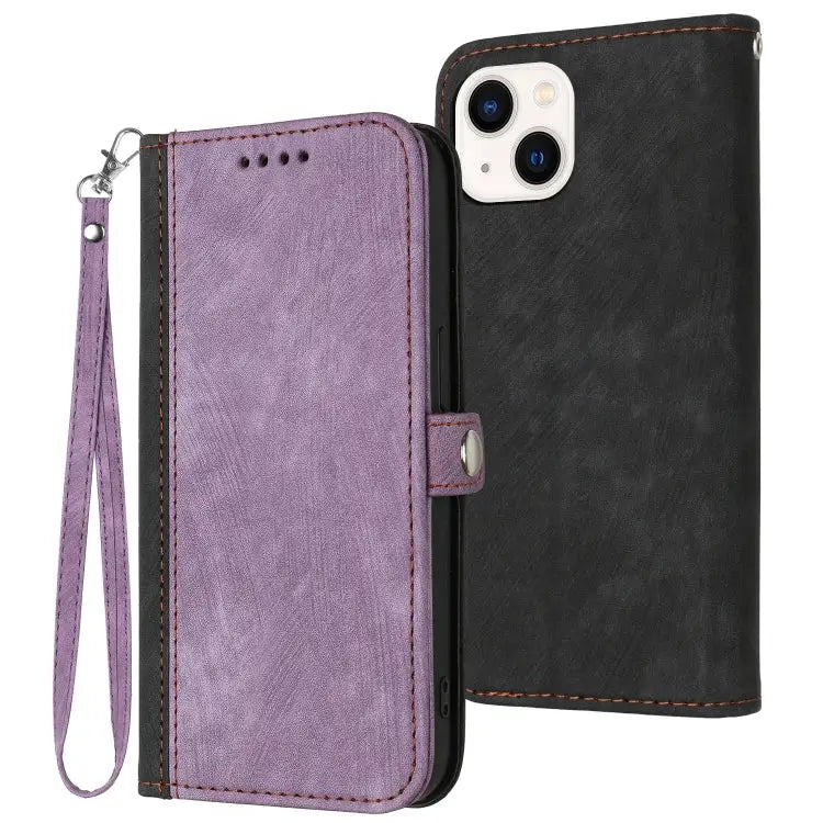 Side Buckle Double Fold Hand Strap Leather Phone Case For iPhone 15 - For iPhone 15 / Purple - Apple Accessories