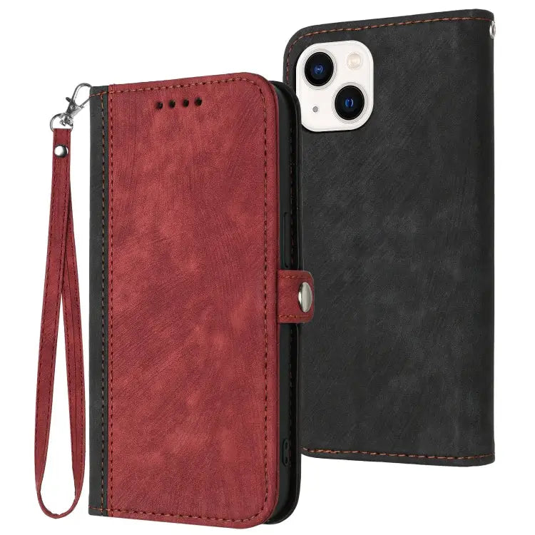 Side Buckle Double Fold Hand Strap Leather Phone Case For iPhone 15 - For iPhone 15 / Red - Apple Accessories