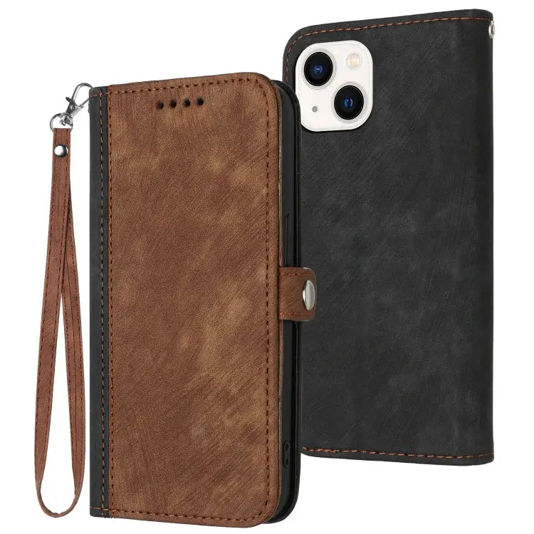 Side Buckle Double Fold Hand Strap Leather Phone Case For iPhone 15 - For iPhone 15 / Brown - Apple Accessories