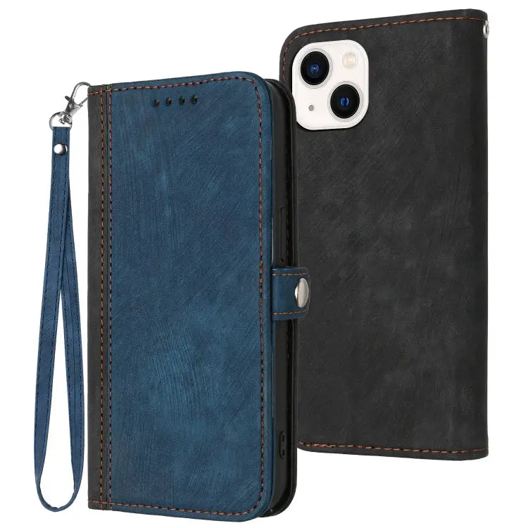 Side Buckle Double Fold Hand Strap Leather Phone Case For iPhone 15 - For iPhone 15 / Royal - Apple Accessories