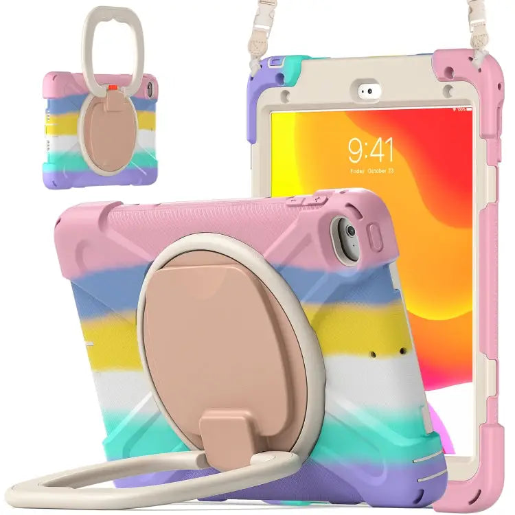 Silicone + PC Protective Case with Holder & Shoulder Strap For iPad mini 5 / 4 - For iPad mini 5 / 4 / Rainbow Pink