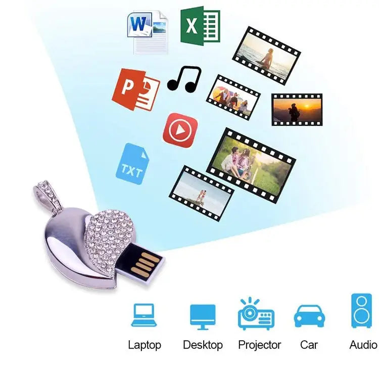 Silver Heart Shaped Diamond Jewelry USB Flash Disk Special for Valentines Day Gifts 2GB 4GB 8GB 16GB 32GB