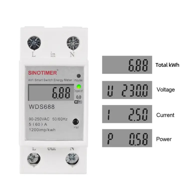 SINOTIMER WDS688 Smart WiFi Single-Phase Power Meter Mobile APP Home Rail Meter 5-60A 230V WDS688 - WDS688