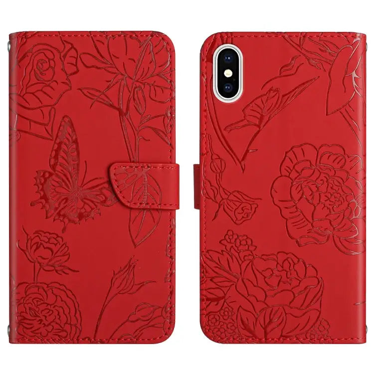 Skin Feel Butterfly Peony Embossed Leather Phone Case For iPhone 13 Pro Max For iPhone XS / X For iPhone XR For iPhone