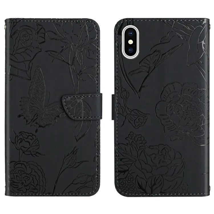 Skin Feel Butterfly Peony Embossed Leather Phone Case For iPhone 13 Pro Max For iPhone XS / X For iPhone XR For iPhone