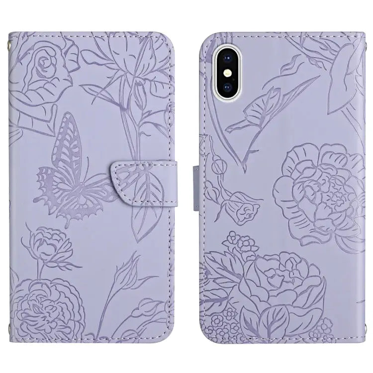 Skin Feel Butterfly Peony Embossed Leather Phone Case For iPhone 13 Pro Max For iPhone XS / X For iPhone XR For iPhone