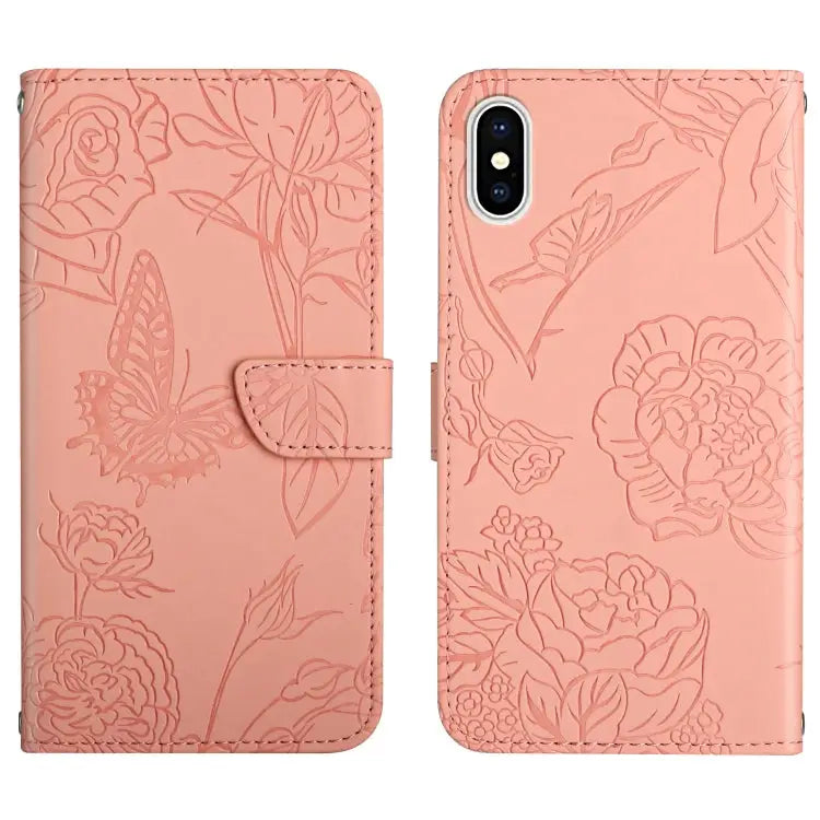 Skin Feel Butterfly Peony Embossed Leather Phone Case For iPhone 13 Pro Max For iPhone XS / X For iPhone XR For iPhone