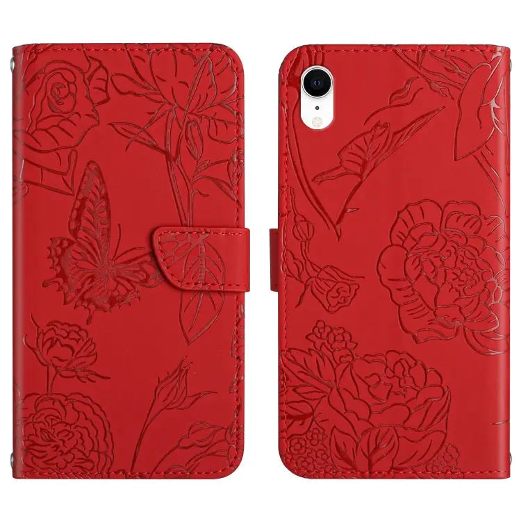 Skin Feel Butterfly Peony Embossed Leather Phone Case For iPhone 13 Pro Max For iPhone XS / X For iPhone XR For iPhone