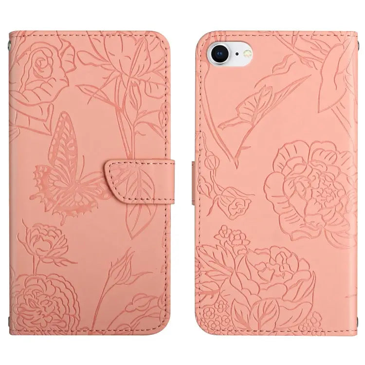 Skin Feel Butterfly Peony Embossed Leather Phone Case For iPhone SE 2022 / SE 2020 / 8 / 7 For iPhone 8 Plus / 7 Plus