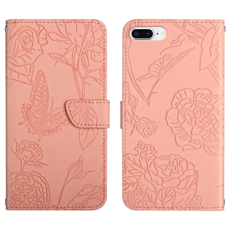 Skin Feel Butterfly Peony Embossed Leather Phone Case For iPhone SE 2022 / SE 2020 / 8 / 7 For iPhone 8 Plus / 7 Plus