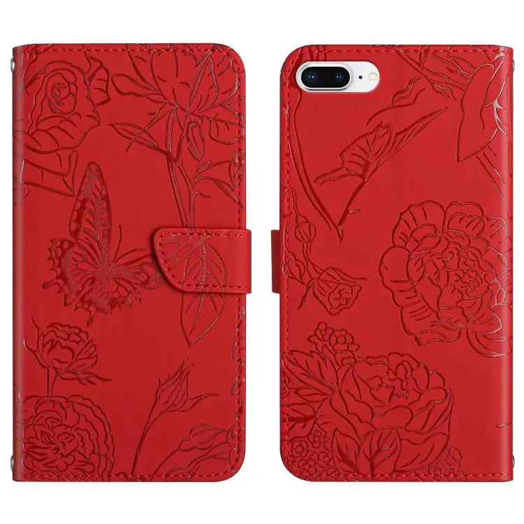 Skin Feel Butterfly Peony Embossed Leather Phone Case For iPhone SE 2022 / SE 2020 / 8 / 7 For iPhone 8 Plus / 7 Plus