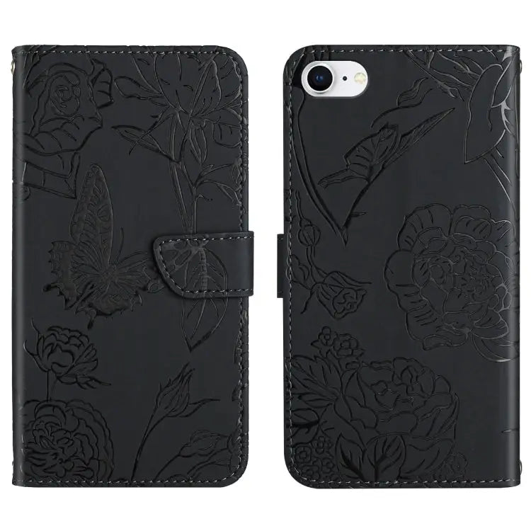 Skin Feel Butterfly Peony Embossed Leather Phone Case For iPhone SE 2022 / SE 2020 / 8 / 7 For iPhone 8 Plus / 7 Plus