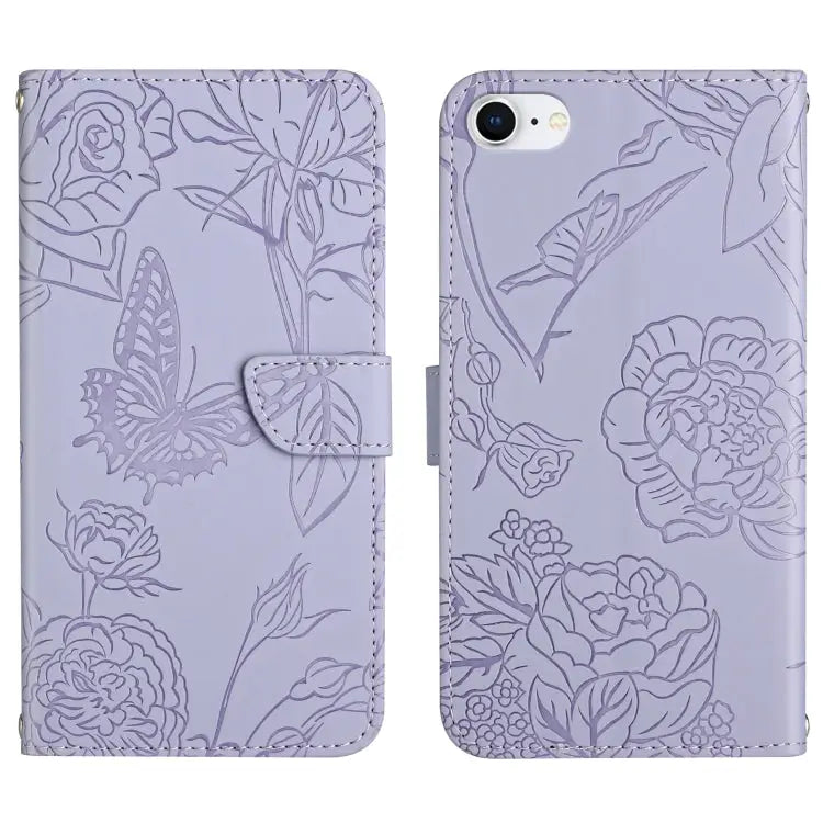 Skin Feel Butterfly Peony Embossed Leather Phone Case For iPhone SE 2022 / SE 2020 / 8 / 7 For iPhone 8 Plus / 7 Plus