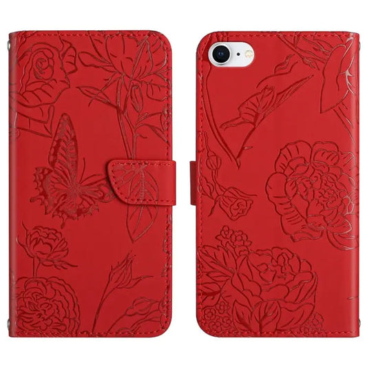 Skin Feel Butterfly Peony Embossed Leather Phone Case For iPhone SE 2022 / SE 2020 / 8 / 7 For iPhone 8 Plus / 7 Plus