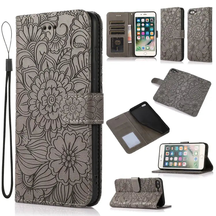 Skin Feel Embossed Sunflower Horizontal Flip Leather Case with Holder & Card Slots & Wallet & Lanyard For iPhone 7 Plus