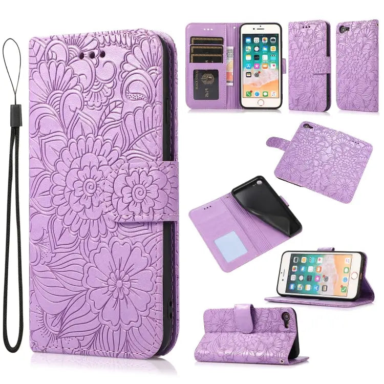 Skin Feel Embossed Sunflower Horizontal Flip Leather Case with Holder & Card Slots & Wallet & Lanyard For iPhone 7 Plus