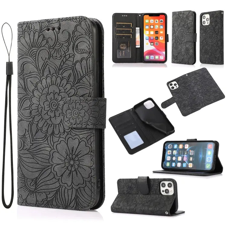 Skin Feel Embossed Sunflower Horizontal Flip Leather Case with Holder & Card Slots & Wallet & Lanyard For iPhone 12