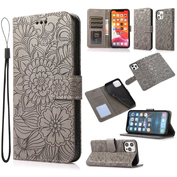 Skin Feel Embossed Sunflower Horizontal Flip Leather Case with Holder & Card Slots & Wallet & Lanyard For iPhone 12