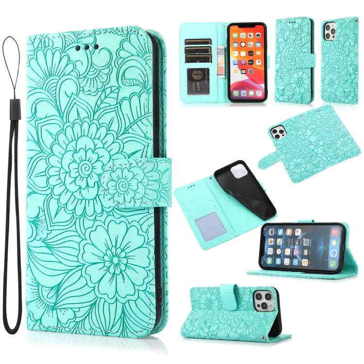 Skin Feel Embossed Sunflower Horizontal Flip Leather Case with Holder & Card Slots & Wallet & Lanyard For iPhone 12