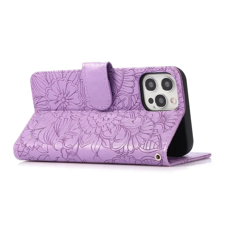 Skin Feel Embossed Sunflower Horizontal Flip Leather Case with Holder & Card Slots & Wallet & Lanyard For iPhone 12