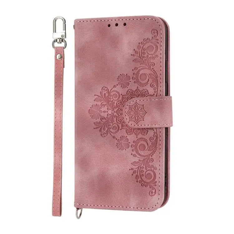 Skin-feel Flowers Embossed Wallet Leather Phone Case - Apple Accessories