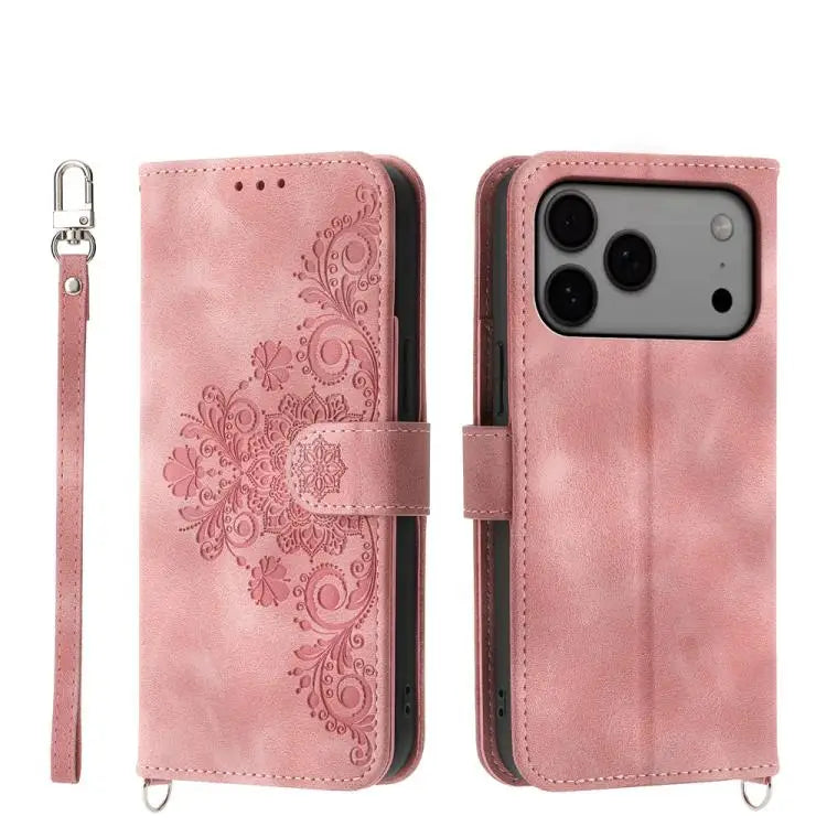 Skin-feel Flowers Embossed Wallet Leather Phone Case - For iPhone 17 Pro Max / Pink - Apple Accessories