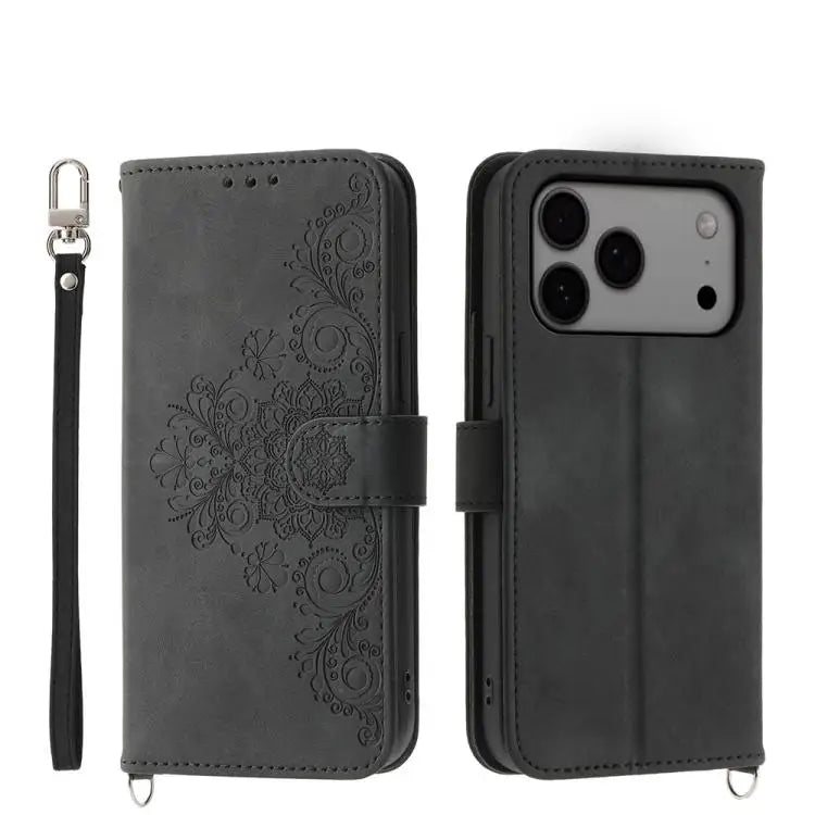 Skin-feel Flowers Embossed Wallet Leather Phone Case - For iPhone 17 Pro Max / Black - Apple Accessories