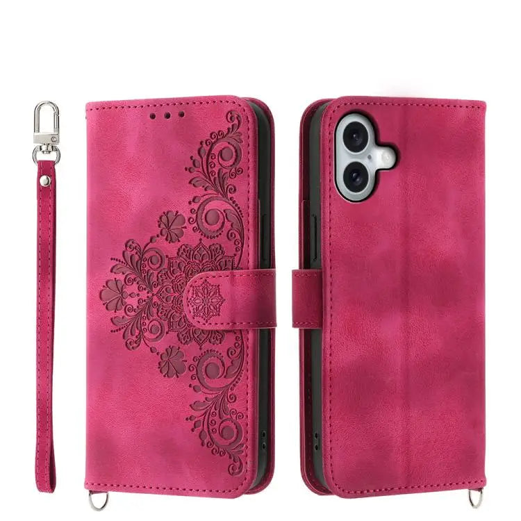 Skin-feel Flowers Embossed Wallet Leather Phone Case - For iPhone 17 / Wine Red - Apple Accessories