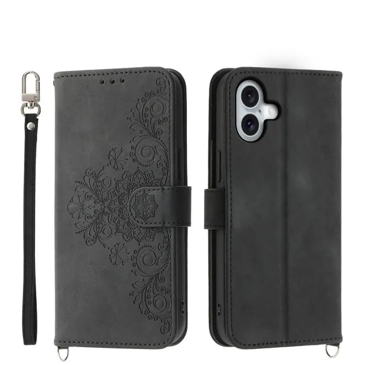 Skin-feel Flowers Embossed Wallet Leather Phone Case - For iPhone 17 / Black - Apple Accessories