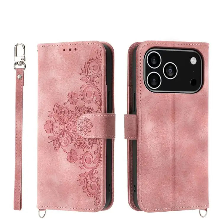 Skin-feel Flowers Embossed Wallet Leather Phone Case - For iPhone 17 Pro / Pink - Apple Accessories