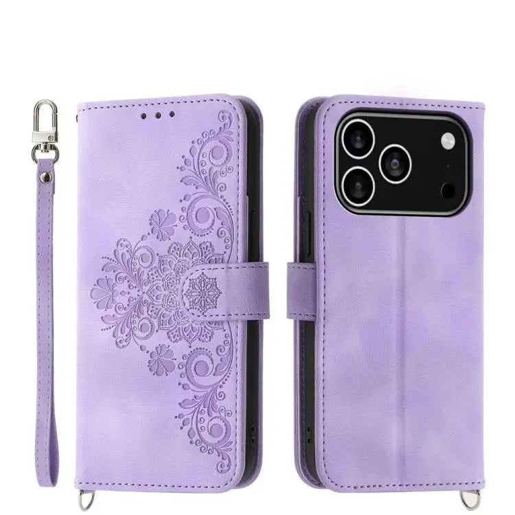 Skin-feel Flowers Embossed Wallet Leather Phone Case - For iPhone 17 Pro / Purple - Apple Accessories
