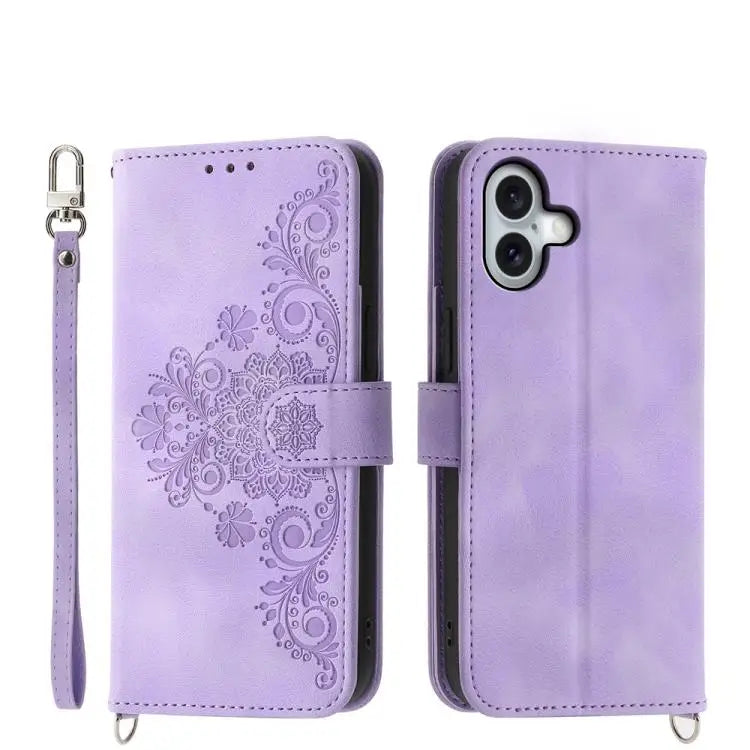 Skin-feel Flowers Embossed Wallet Leather Phone Case - For iPhone 17 / Purple - Apple Accessories