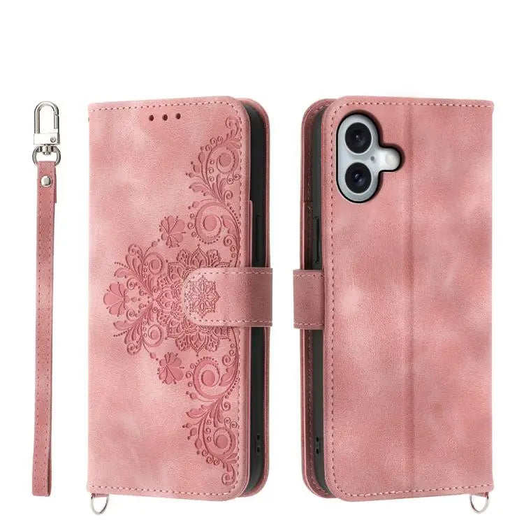 Skin-feel Flowers Embossed Wallet Leather Phone Case - For iPhone 17 / Pink - Apple Accessories