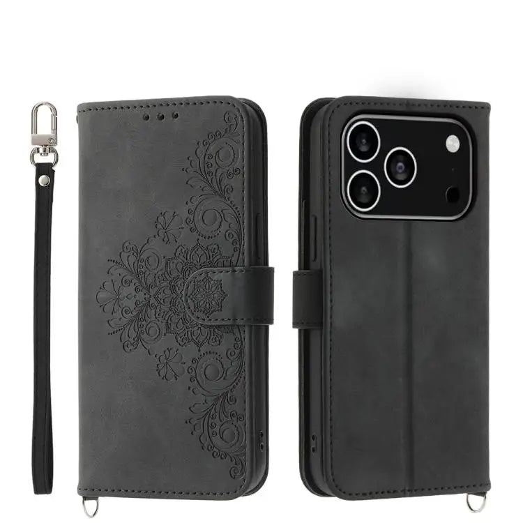 Skin-feel Flowers Embossed Wallet Leather Phone Case - For iPhone 17 Pro / Black - Apple Accessories