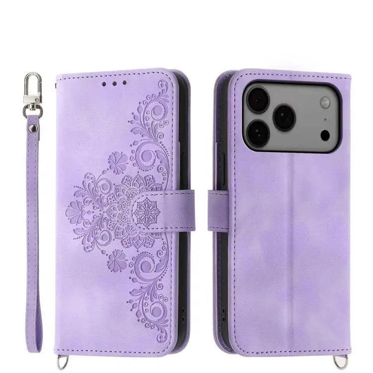 Skin-feel Flowers Embossed Wallet Leather Phone Case - For iPhone 17 Pro Max / Purple - Apple Accessories