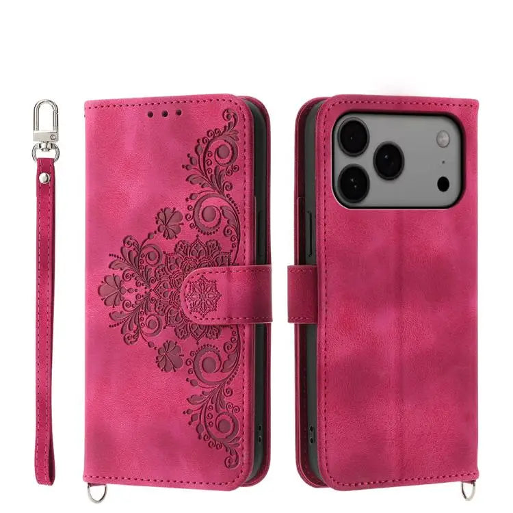 Skin-feel Flowers Embossed Wallet Leather Phone Case - For iPhone 17 Pro Max / Brown - Apple Accessories