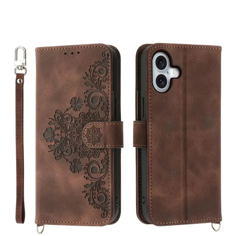Skin-feel Flowers Embossed Wallet Leather Phone Case - For iPhone 17 / Brown - Apple Accessories