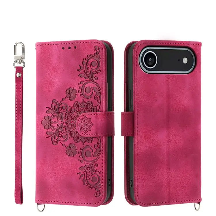 Skin-feel Flowers Embossed Wallet Leather Phone Case - For iPhone Air / Wine Red - Apple Accessories