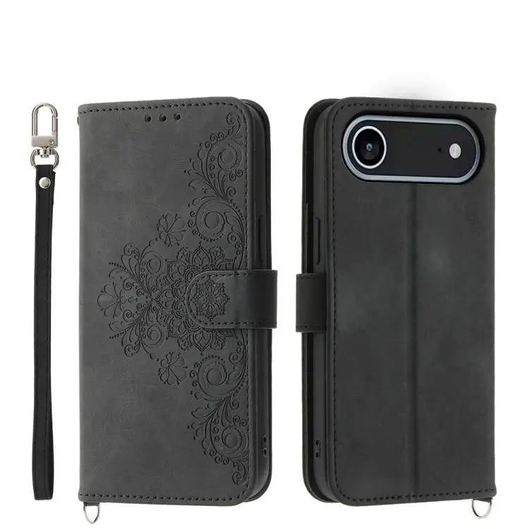 Skin-feel Flowers Embossed Wallet Leather Phone Case - For iPhone Air / Black - Apple Accessories