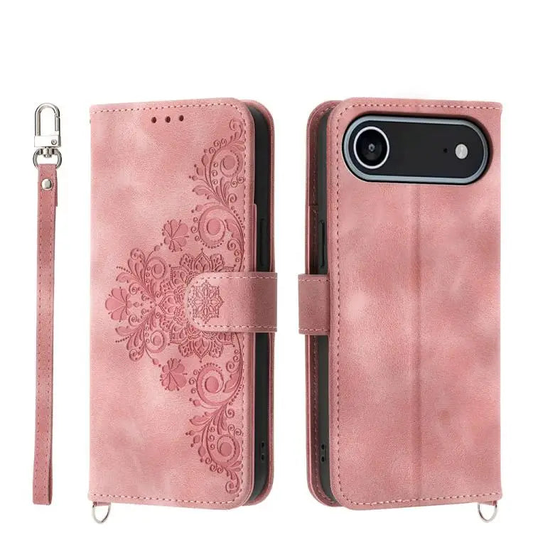 Skin-feel Flowers Embossed Wallet Leather Phone Case - For iPhone Air / Pink - Apple Accessories
