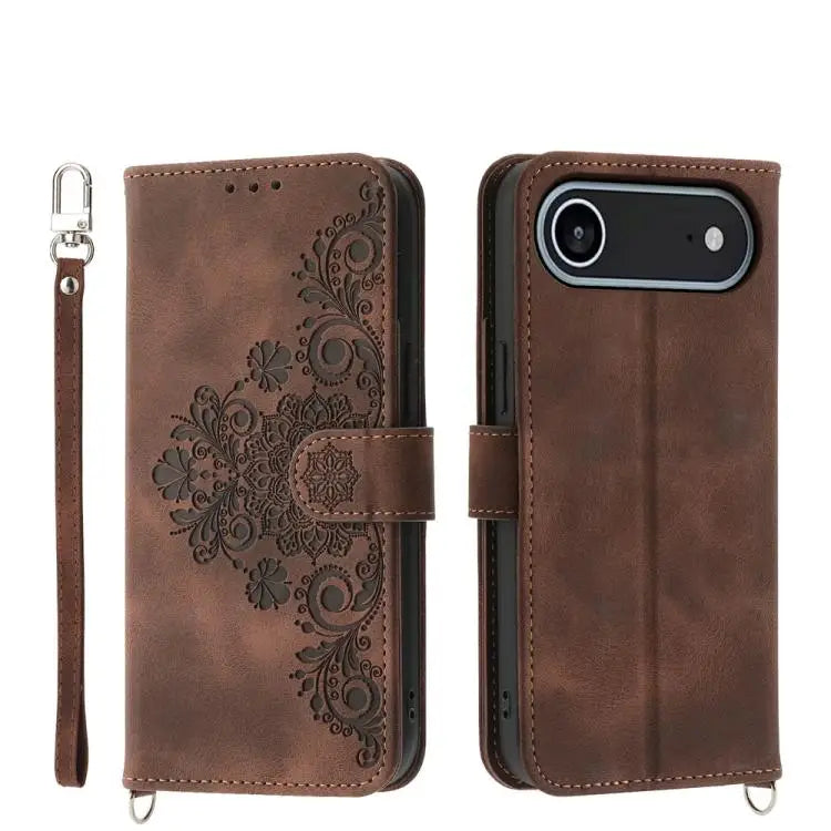 Skin-feel Flowers Embossed Wallet Leather Phone Case - For iPhone Air / Brown - Apple Accessories